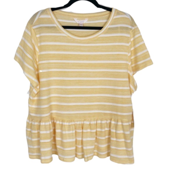 LC LAUREN CONRAD Petite Top Peplum Short Sleeves Yellow Stripe LP - Picture 2 of 5